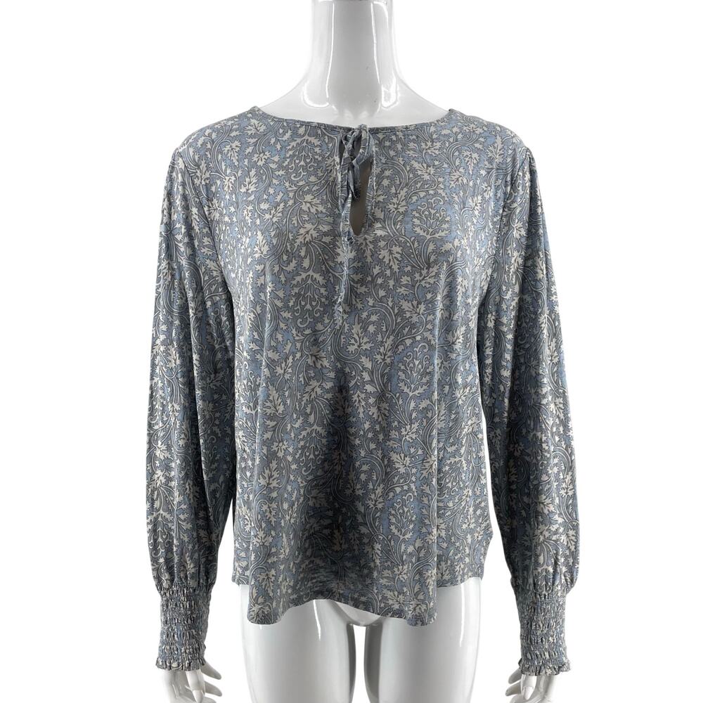 Lucky Brand Womens Top Large Blue Printed Peasant Boho Tie Neck Shirred Cuffs